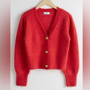 & Other Stories Red Women's Cardigan with Balloon Sleeves and Heart Buttons